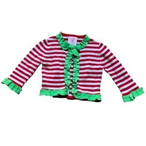 Mud Pie red and white stripe Christmas cardigan sweater with green trim 0-6 M